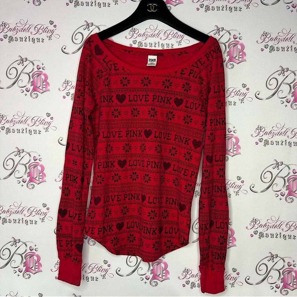 Victoria secret pink waffle knit long sleeve red hearts pull over cozy thermal